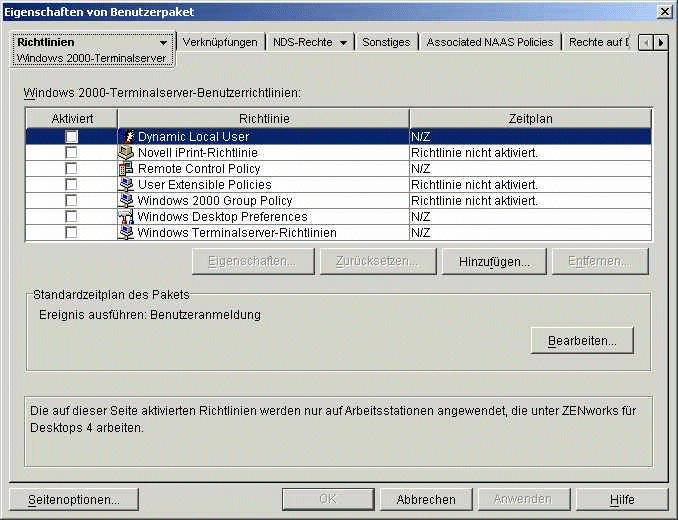 Seite für die Win2000-Terminalserverrichtlinien in einem Benutzerpaketobjekt