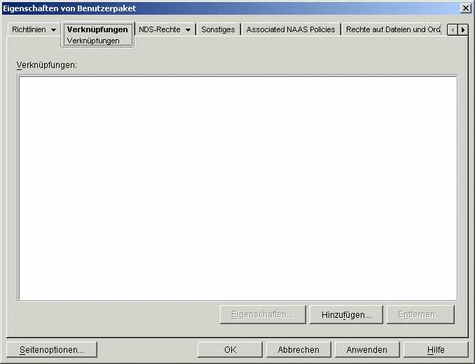 Seite "Verknüpfungen" im Benutzerpaketobjekt