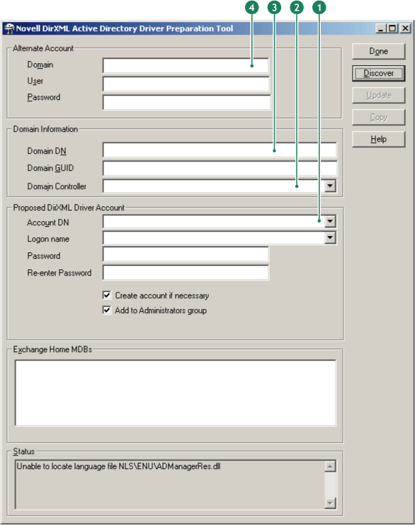 Das Hauptfenster des Active Directory-Treibervorbereitungsprogramms. Vier Elemente werden erläutert: Element 1 ist das Feld "Account DN" (Konto-DN), Element 2 das Feld "Domain Controller" (Domänencontroller), Element 3 das Feld "Domain DN" (Domänen-DN) und Element 4 das Feld "Domain name" (Domänenname).