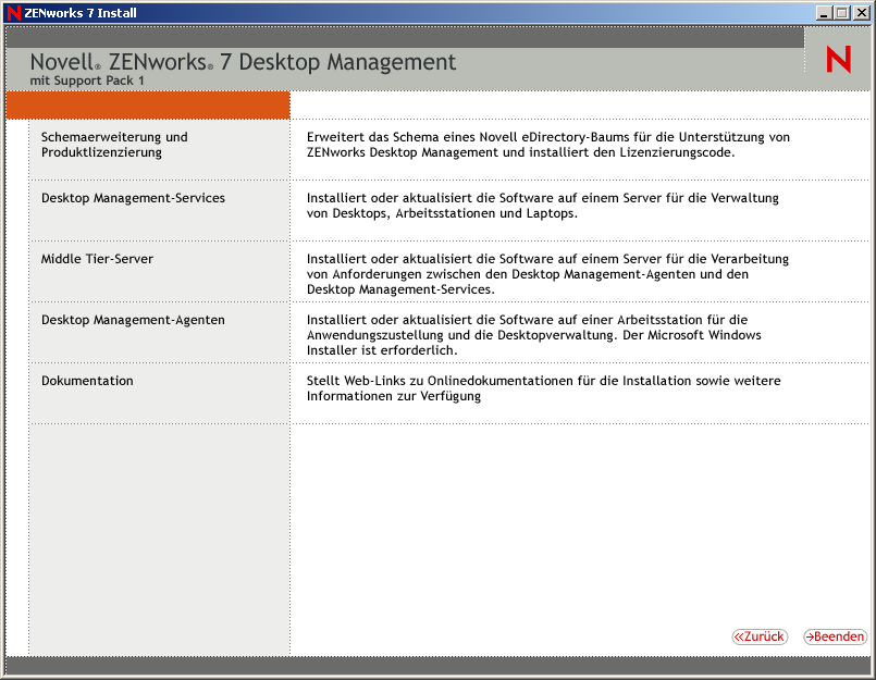 Die Seite "Novell ZENworks 6.5 Desktop Management" des ZENworks-Installationsassistenten. Diese Seite enthält Optionen für Schemaerweiterungen und die Produktlizenzierung, Desktop Management Services, Middle Tier Server, Desktop Management-Agenten sowie Dokumentationen.