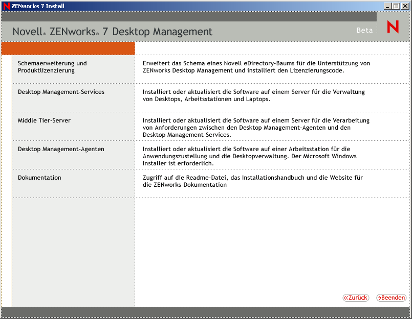 Die Seite "Novell ZENworks 6.5 Desktop Management" des ZENworks-Installationsassistenten. Diese Seite enthält Optionen für Schemaerweiterungen und die Produktlizenzierung, Desktop Management Services, Middle Tier Server, Desktop Management-Agenten sowie Dokumentationen.