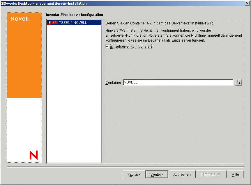 Die Seite "Inventar-Einzelserverkonfiguration" des Installationsassistenten von ZENworks Desktop Management Server.