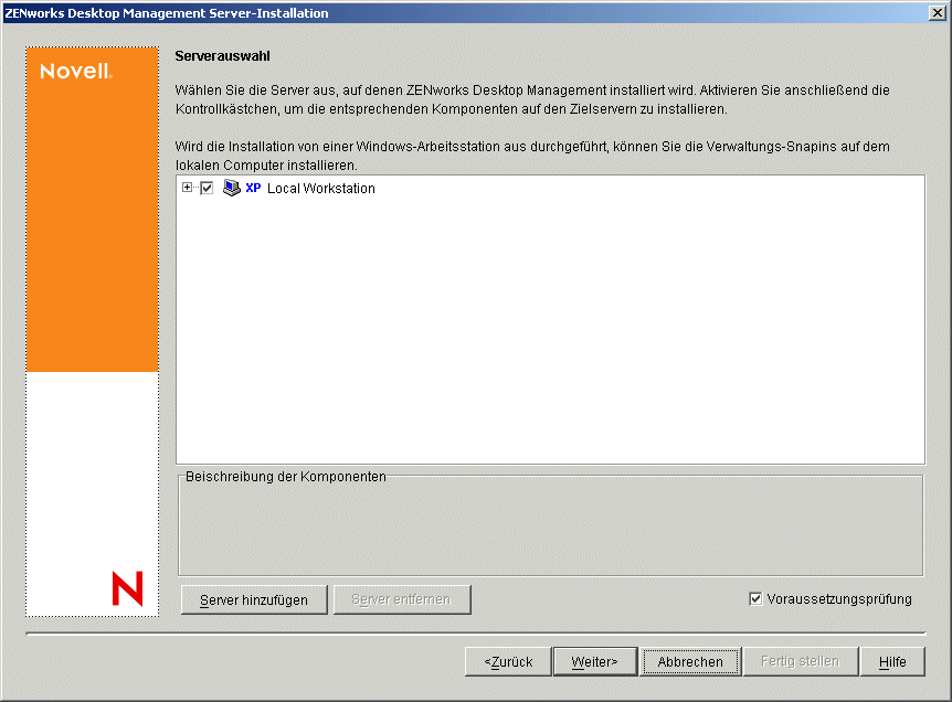 Die Seite "Serverauswahl" des Installationsassistenten von ZENworks Desktop Management Server.
