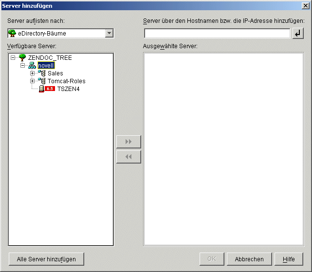 Das Dialogfeld "Server hinzufügen" mit einem eDirectory-Baum und den enthaltenen Containern.