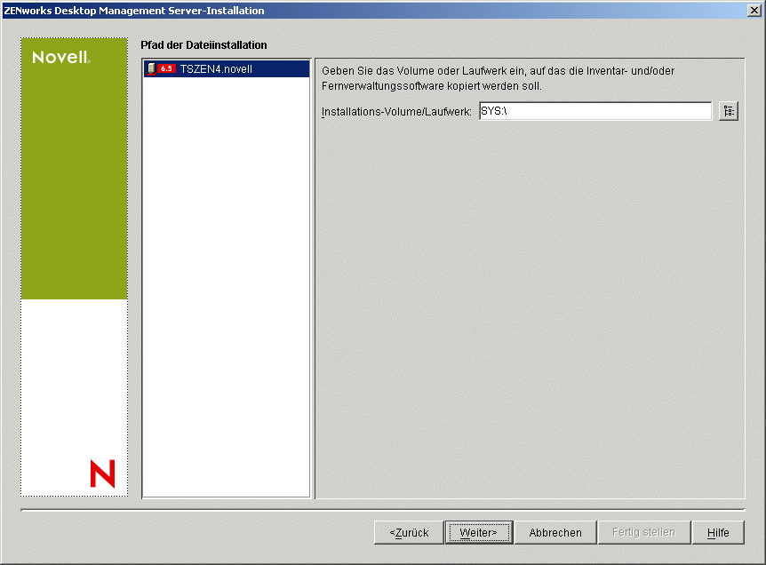 Die Seite "Pfad der Dateiinstallation" des Installationsassistenten von ZENworks Desktop Management Server.