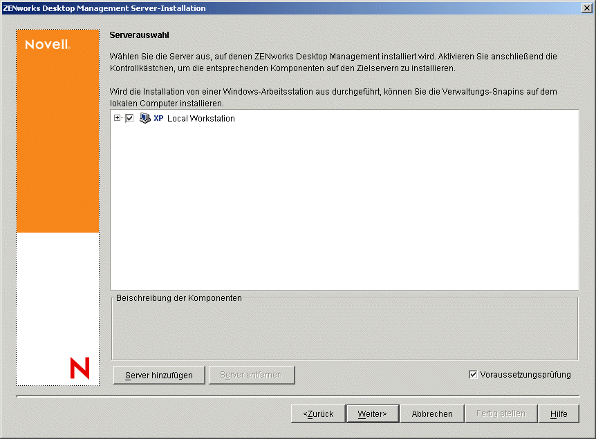 Die Seite "Serverauswahl" des Installationsassistenten von ZENworks Desktop Management Server.
