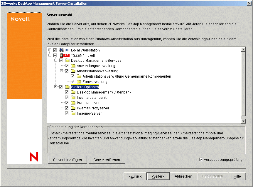 Die Seite "Serverauswahl" des Installationsassistenten von ZENworks Desktop Management Services. Die verfügbaren Desktop Management-Komponenten sind als Installationsoptionen angegeben.