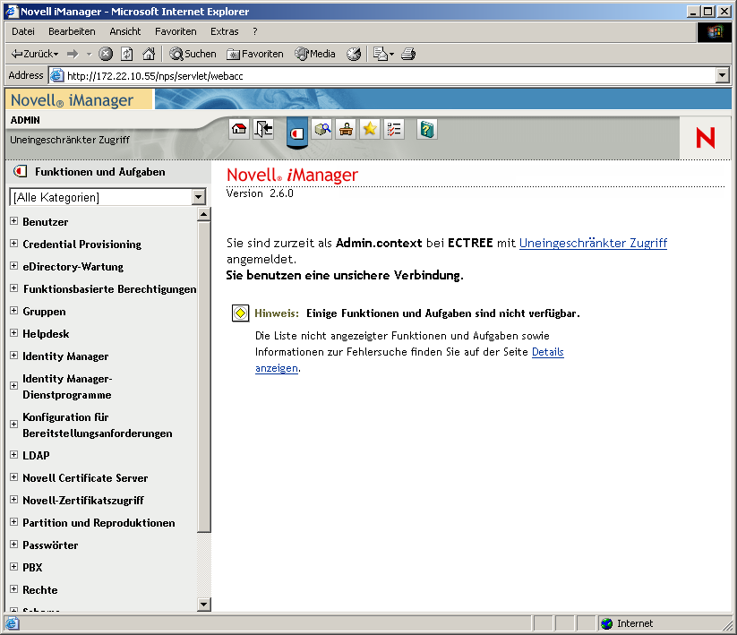 Hauptseite von Novell iManager mit geöffnetem Fenster "Funktionen und Aufgaben".