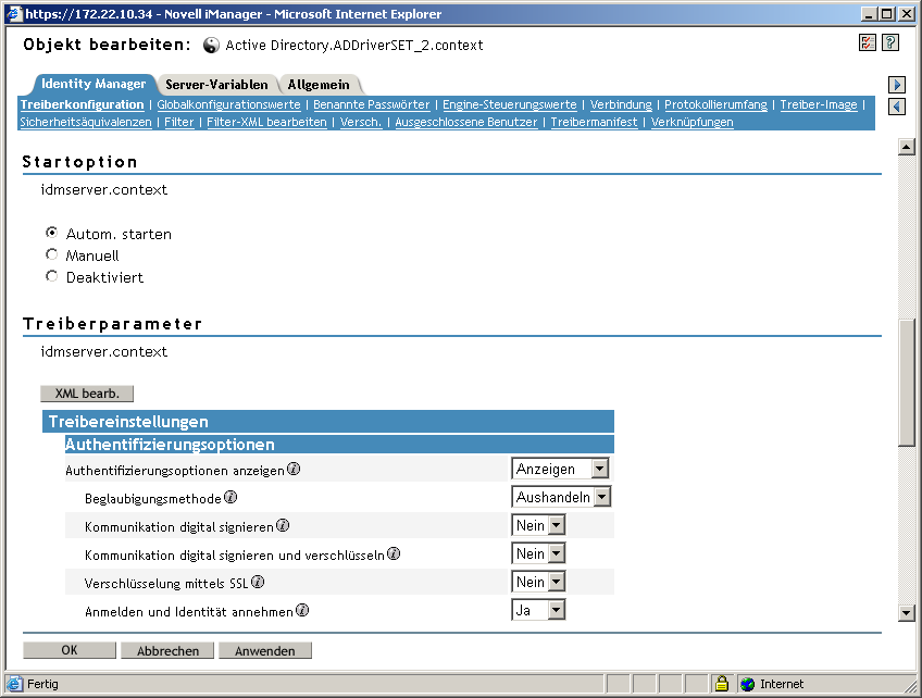 Das Dialogfeld "Objekt bearbeiten" im Dienstprogramm "Identity Manager – Überblick" in Novell iManager.