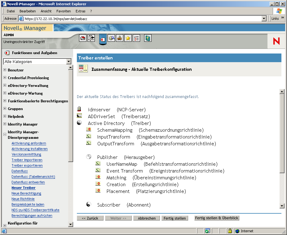 Fenster des Assistenten zum Erstellen von Treibern auf der Hauptseite von Novell iManager. Die Zusammenfassung der aktuellen Treiberkonfiguration ist geöffnet.