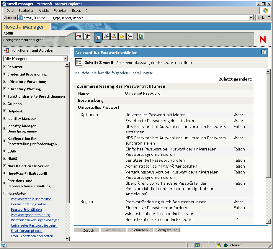 Seite "Schritt 8" des Assistenten für Passwortrichtlinien, wobei die "Zusammenfassung der Passwortrichtlinien" angezeigt wird.