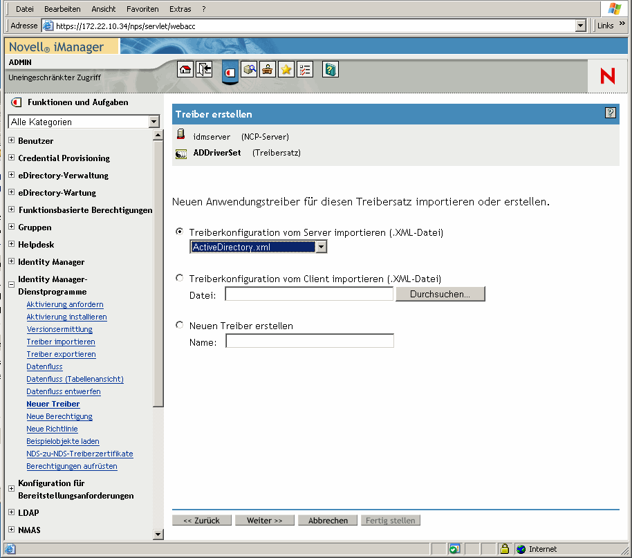 Fenster des Assistenten zum Erstellen von Treibern auf der Hauptseite von Novell iManager. Die untergeordnete Seite "ADDriverSet" ist ebenfalls geöffnet.