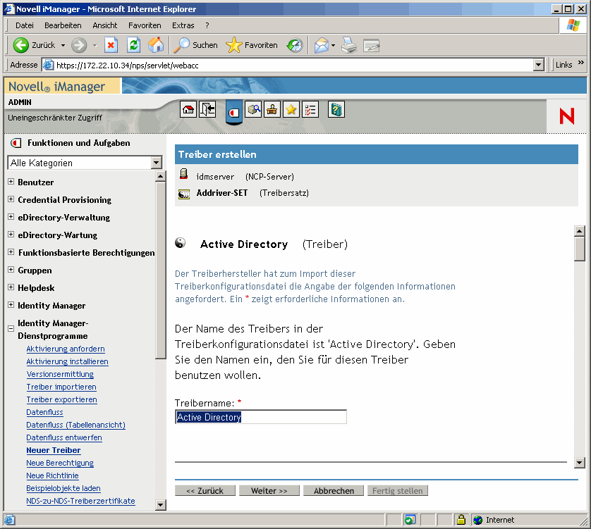 Fenster des Assistenten zum Erstellen von Treibern auf der Hauptseite von Novell iManager. Die Seite für den Active Directory-Treibersatz" ist geöffnet.