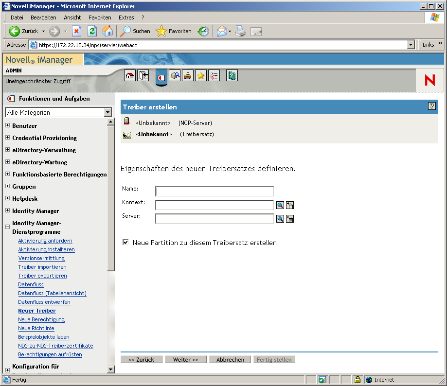 Fenster des Assistenten zum Erstellen von Treibern auf der Hauptseite von Novell iManager. 