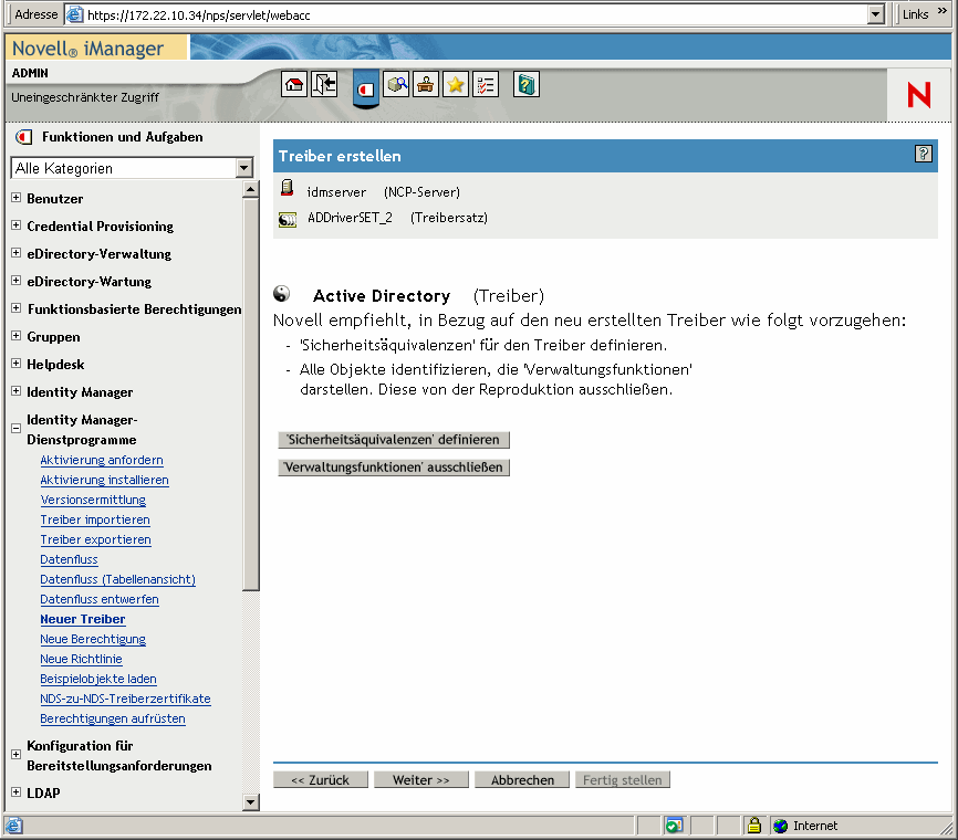 Fenster des Assistenten zum Erstellen von Treibern auf der Hauptseite von Novell iManager. Die Seite "Sicherheitsäquivalenzen" ist geöffnet.