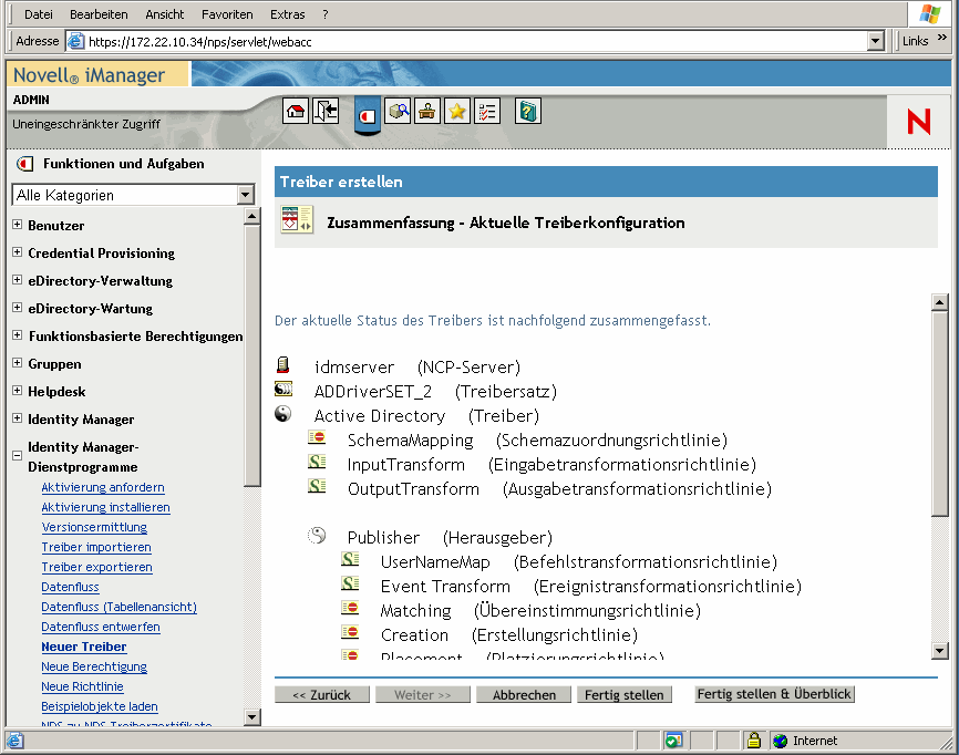 Fenster des Assistenten zum Erstellen von Treibern auf der Hauptseite von Novell iManager. Die Zusammenfassung der aktuellen Treiberkonfiguration ist geöffnet.