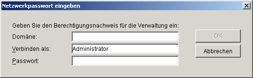 Beglaubigungsdialogfeld, das angezeigt wird, nachdem auf "Nicht aufgeführten Baum durchsuchen" geklickt wurde. Diese Option wird im Dialogfeld "Server hinzufügen" bei der Installation von Middle Tier-Server im Microsoft Active Directory-Modus angezeigt.