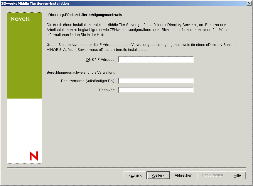 Die Seite "Primärer eDirectory-Pfad und -Berechtigungsnachweis" des Installationsassistenten von ZENworks Middle Tier Server.