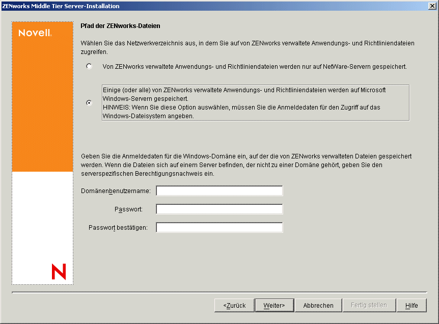 Die Seite "Pfad der ZENworks Dateien" des Installationsassistenten von ZENworks Middle Tier Server.