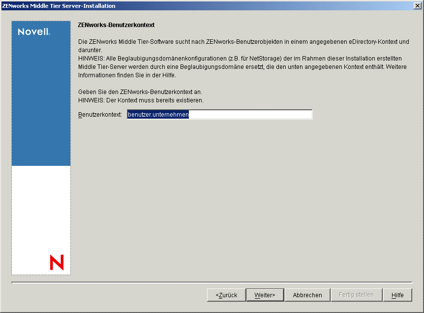 Die Seite "ZENworks-Benutzerkontext" des Installationsassistenten von ZENworks Middle Tier Server.