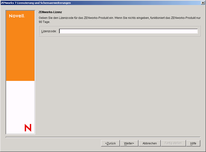 Die ZENworks-Lizenzierungsseite des ZENworks-Assistenten für Schemaerweiterungen und Produktlizenzierungen.