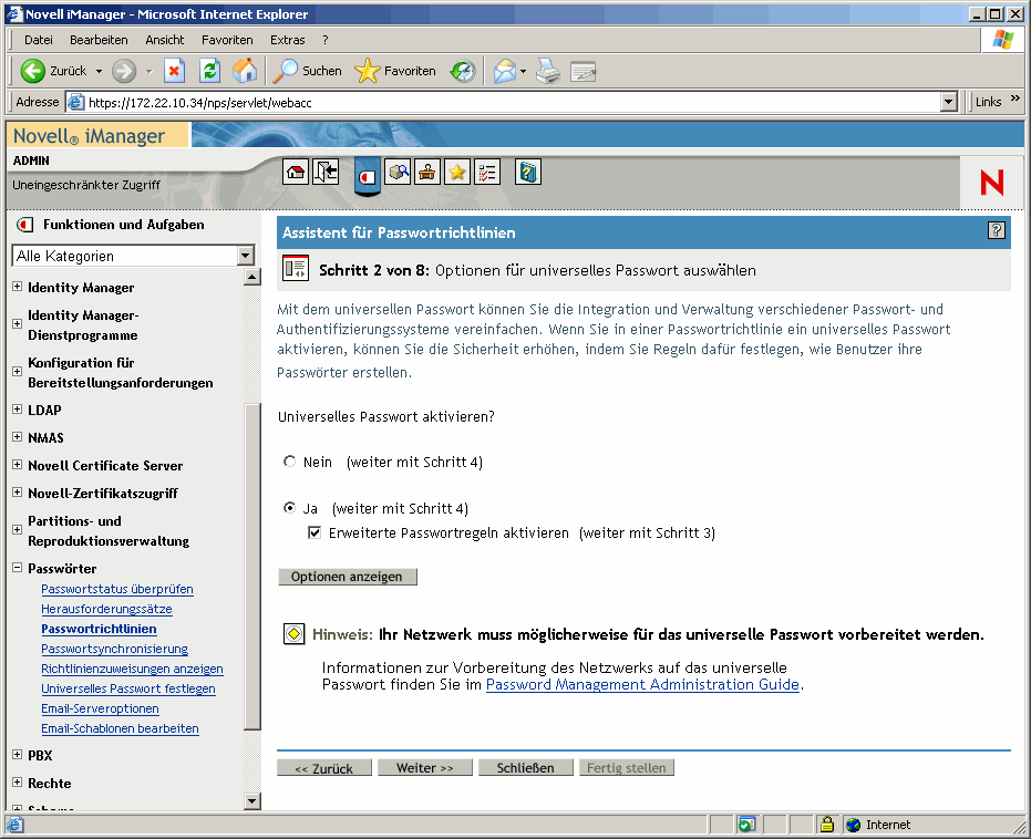 Seite "Schritt 2" des Assistenten für Passwortrichtlinien in Novell iManager.