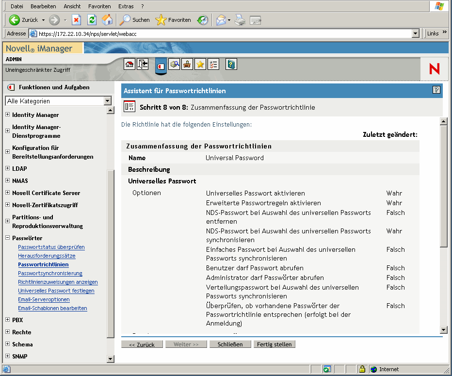 Seite "Schritt 8" des Assistenten für Passwortrichtlinien, wobei die "Zusammenfassung der Passwortrichtlinien" angezeigt wird.