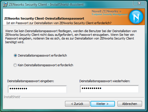 Hinzufügen eines Passworts zur Deinstallation
