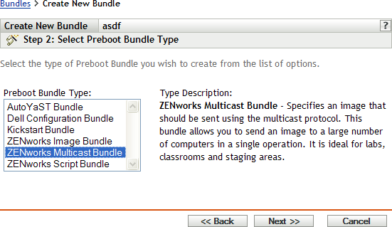 Schritt 2 zur Erstellung eines neuen Bundles: Preboot-Bundle-Typ auswählen