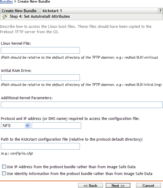 Schritt 4 - Seite zur Erstellung eines neuen Bundles: „Autoinstall-Attribute einstellen“ (Felder „Linux-Kernel-Datei“ und „Ursprüngliches RAM-Laufwerk“) 