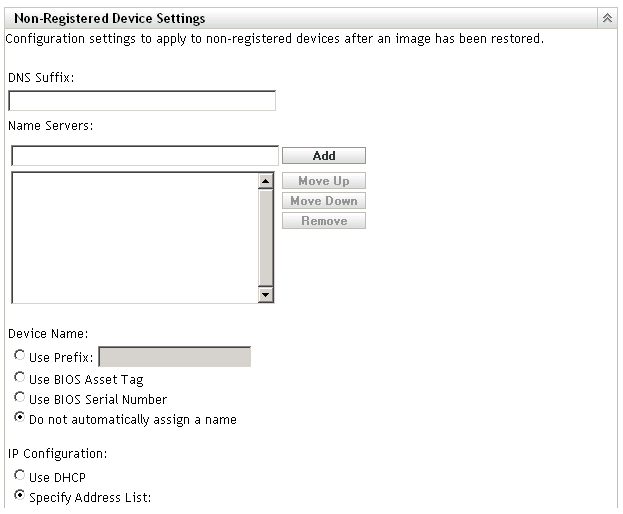 Abschnitt „Nicht registrierte Geräteeinstellungen“