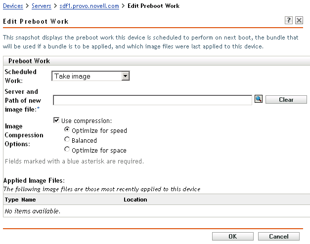 Seite „Preboot-Arbeit bearbeiten“. Im Feld „Geplante Arbeit“ ist die Option „Image erstellen“ ausgewählt (Die Felder „Server und Pfad der neuen Image-Datei“, „Image-Komprimierungsoptionen“ und „Angewendete Image-Dateien“ werden ebenfalls angezeigt)