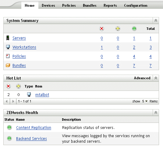 Seite „Zusammenfassung“ und Hotlist