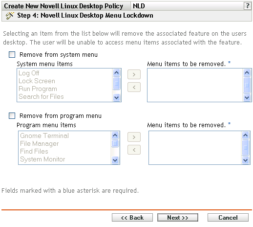 Seite „Sperreinstellungen für Novell Linux Desktop-Menü“