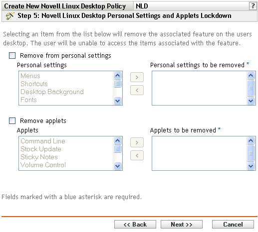 Seite „Persönliche Einstellungen und Miniprogramm-Sperreinstellungen für Novell Linux Desktop“