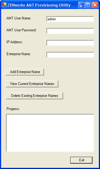 Dialogfeld „ZENworks AMT Provisioning-Dienstprogramm