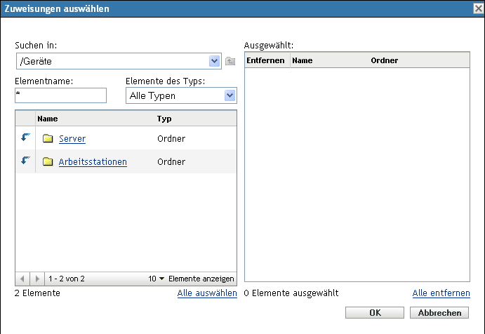 Dialogfeld Zuweisungen auswählen