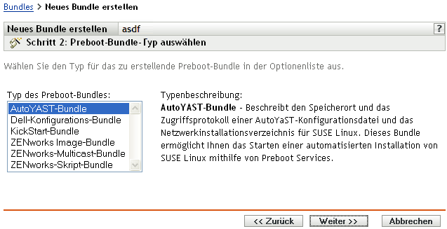 Schritt 2 - Seite zur Erstellung eines neuen Bundles: Preboot-Bundle-Typ auswählen