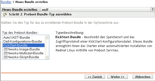 Schritt 2 - Seite zur Erstellung eines neuen Bundles: Preboot-Bundle-Typ auswählen