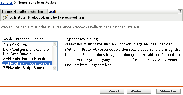 Schritt 2 zur Erstellung eines neuen Bundles: Preboot-Bundle-Typ auswählen