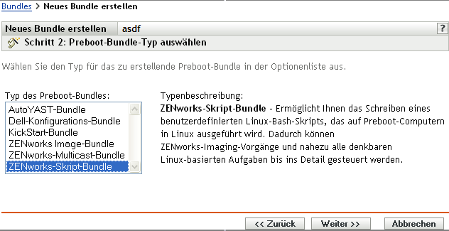 Schritt 2 - Seite zur Erstellung eines neuen Bundles: Preboot-Bundle-Typ auswählen