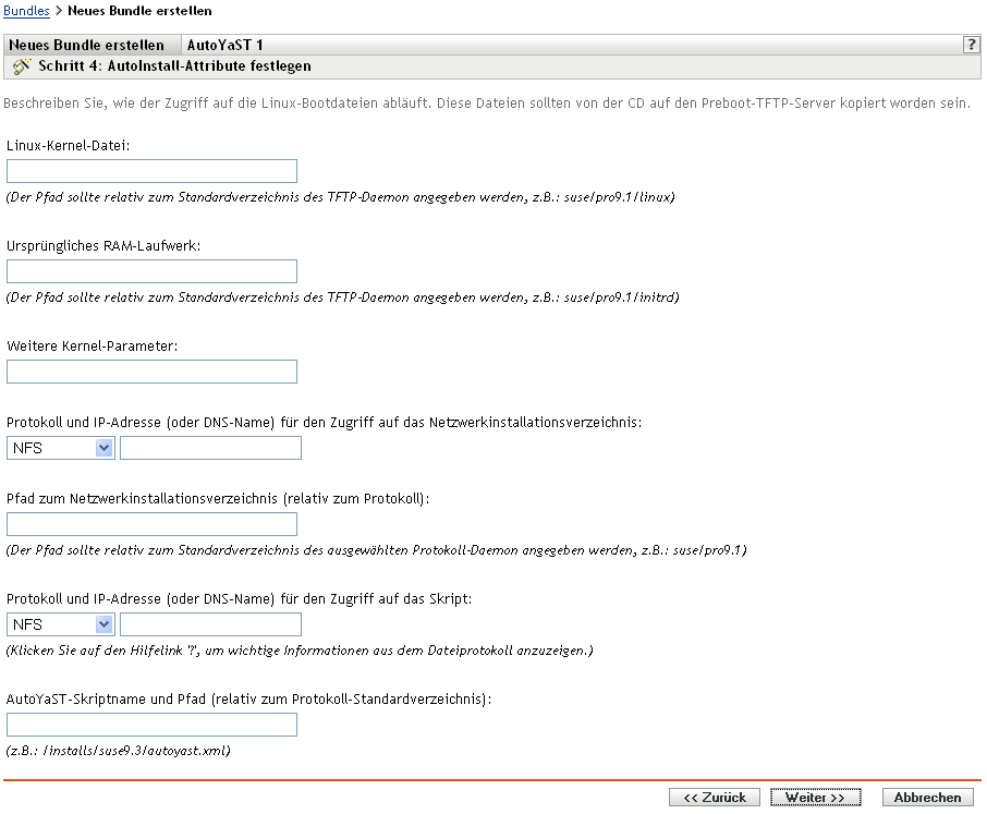 Schritt 4 - Seite zur Erstellung eines neuen Bundles: Autoinstall-Attribute einstellen (Felder Linux-Kernel-Datei und Ursprüngliches RAM-Laufwerk) 