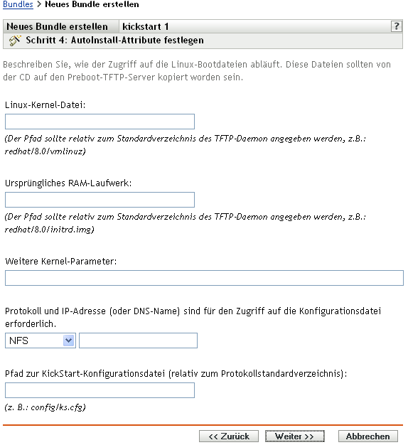Schritt 4 - Seite zur Erstellung eines neuen Bundles: Autoinstall-Attribute einstellen (Felder Linux-Kernel-Datei und Ursprüngliches RAM-Laufwerk) 