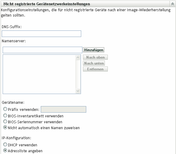 Abschnitt Nicht registrierte Geräteeinstellungen