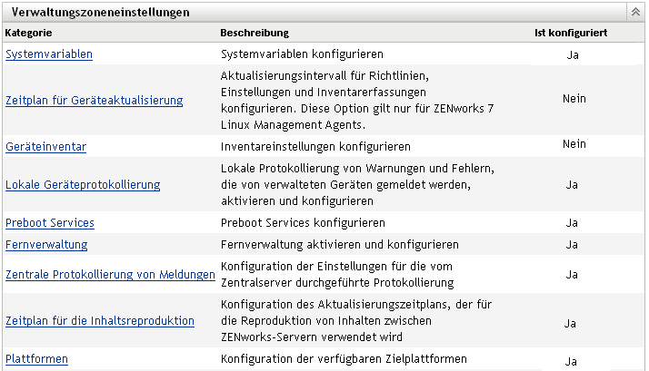 Menü Einstellungen für die Verwaltungszone