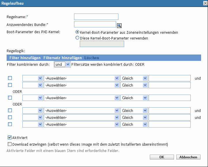 Dialogfeld Regelaufbau mit erweiterten Feldern