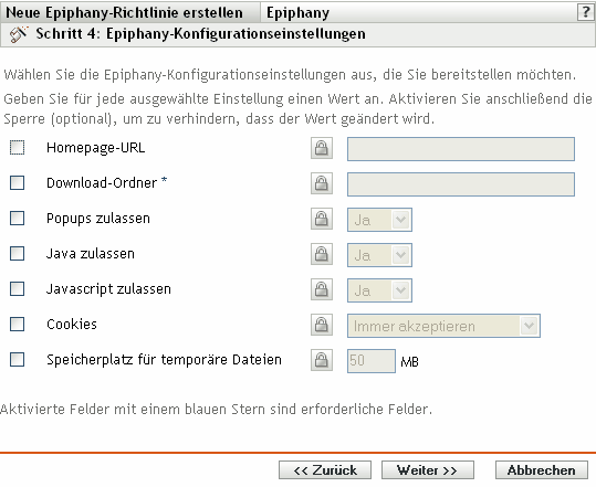 Seite Epiphany-Konfigurationseinstellungen