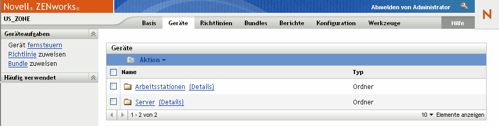 Seite mit dem Karteireiter Bundles im ZENworks-Kontrollzentrum