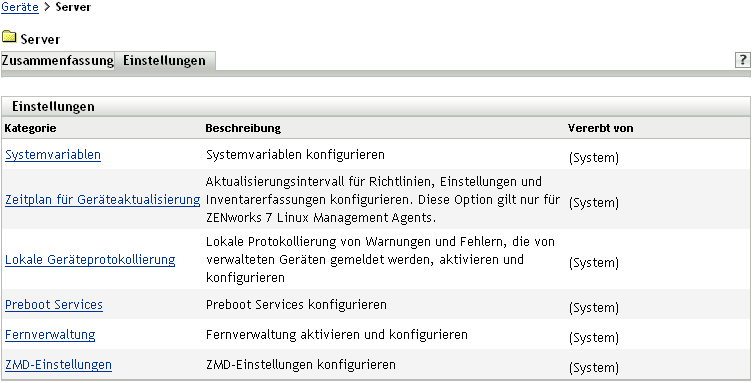 Ordner Server, Karteireiter Einstellungen