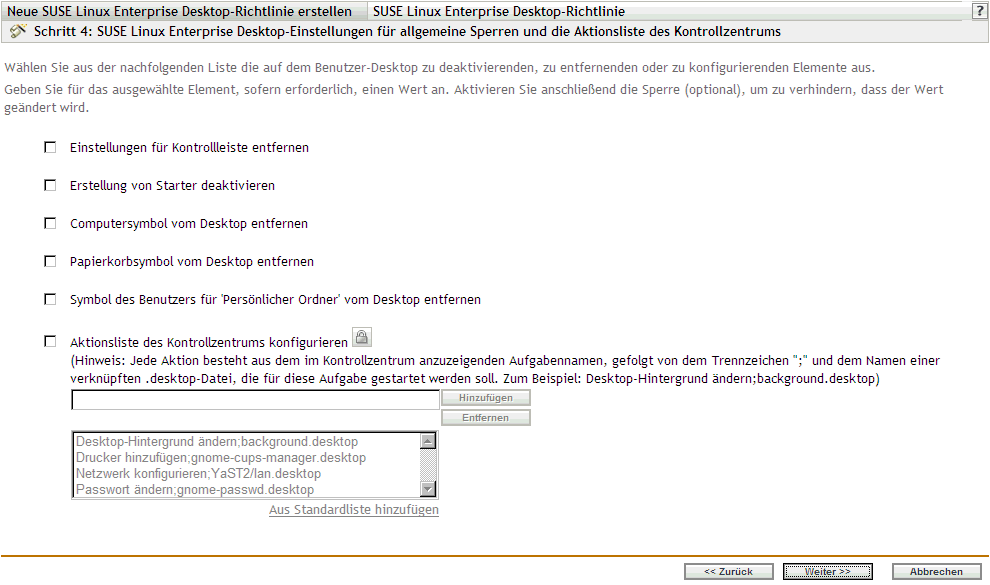 Seite Sperreinstellungen für SUSE Linux Enterprise Desktop und Listeneinstellungen für Kontrollzentrum-Aktionen